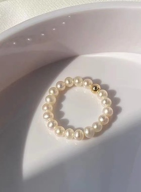 天然淡水弹力珍珠戒指女近圆珠强光小金珠戒指镀金小球戒圈指环