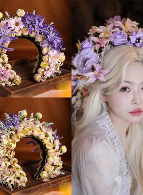原创爆款公主风紫色簪花福建泉州浔埔女簪花头饰古风写真发箍