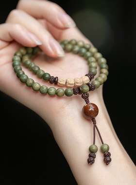 多圈老料绿檀木佛珠手串女森系檀香百香籽手链情侣民族风男
