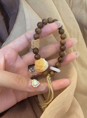 原创天然莲花菩提根鸡翅木手串手链如愿男女禅意文玩手链古风饰品