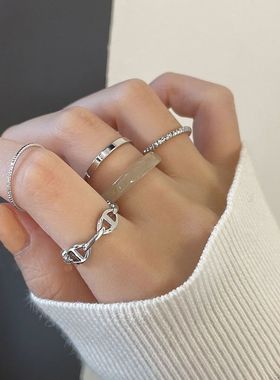 银色素圈组合套装戒指女in