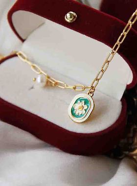 泫雅同款复古项链滴油小众珐琅洋甘菊滴釉珍珠洋甘菊锁骨链