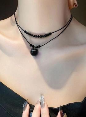 黑曜石手工项链绳女锁骨链玛瑙吊坠网红饰品气质首饰闺蜜学生礼物