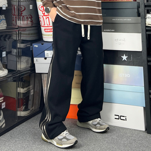 斌斌梨重磅350克柔软舒适三条杠休闲裤日系复古宽松潮流经典长裤