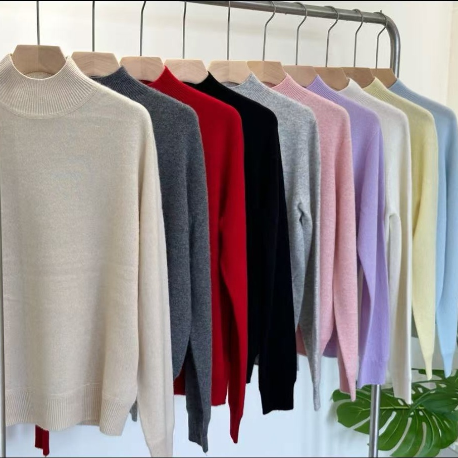 极简风100%纯羊绒衫女半高领宽松