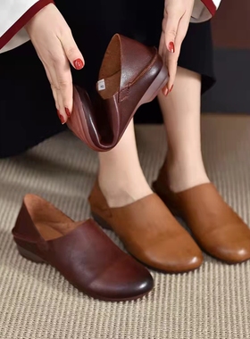 80732头层牛皮平跟舒适软底单鞋复古真皮手工套脚深口女鞋