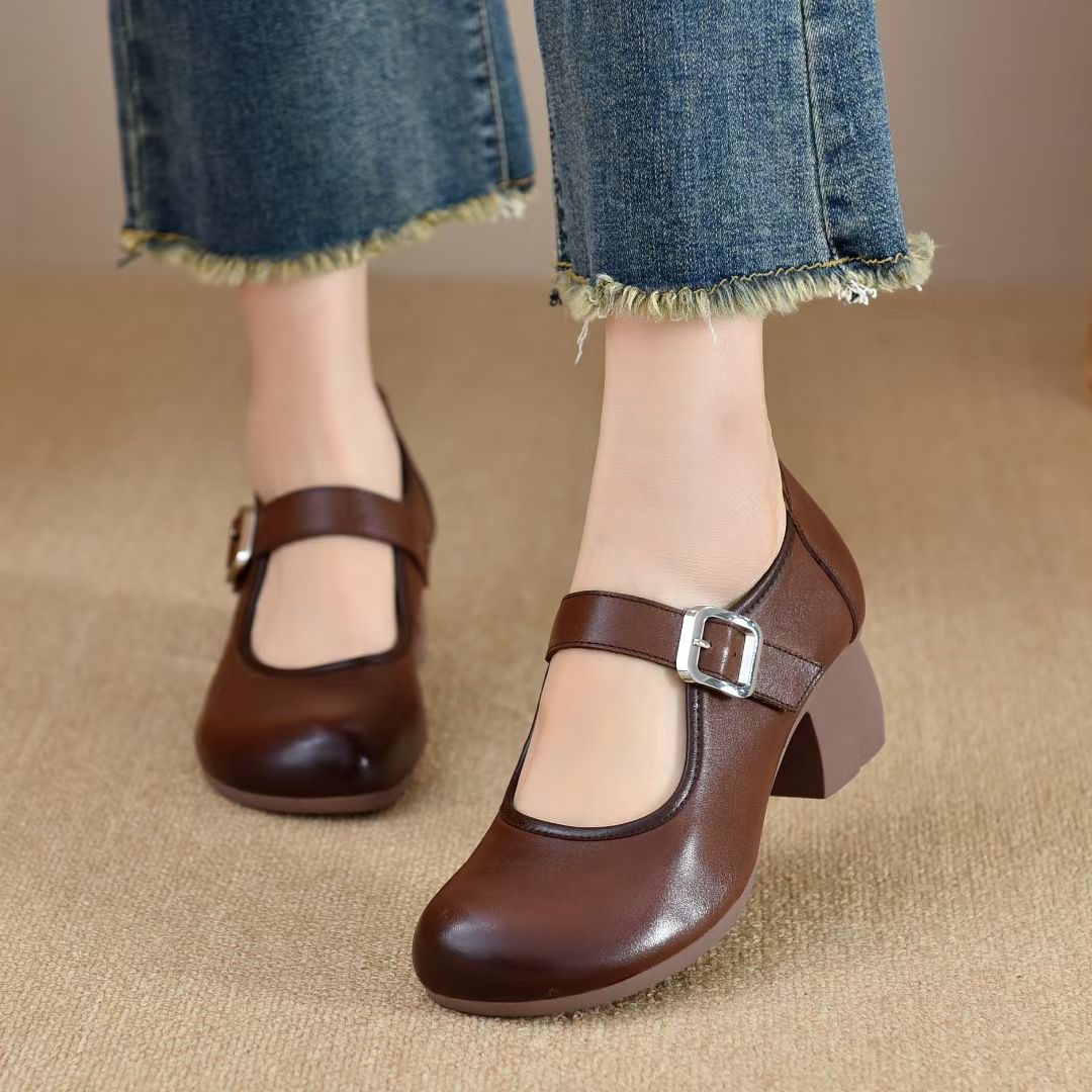 20018上脚不挑人~复古百搭真皮圆头粗跟玛丽珍春季乐福皮鞋