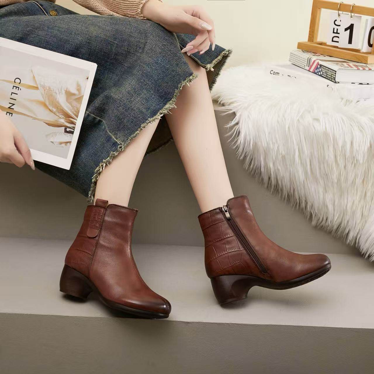 39913头层牛皮手工鞋软皮低跟短靴女复古圆头平底舒适妈妈单靴,女鞋,时装靴,淘宝优惠券,粉丝福利购,淘宝优惠卷