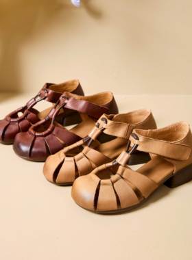 80670复古包头罗马凉鞋头层牛皮软底镂空透气休闲妈妈鞋洞洞鞋