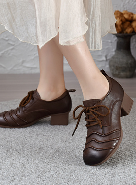 80290粗跟气质头层牛皮尖头单鞋浅口女鞋森系英伦风高跟小皮鞋