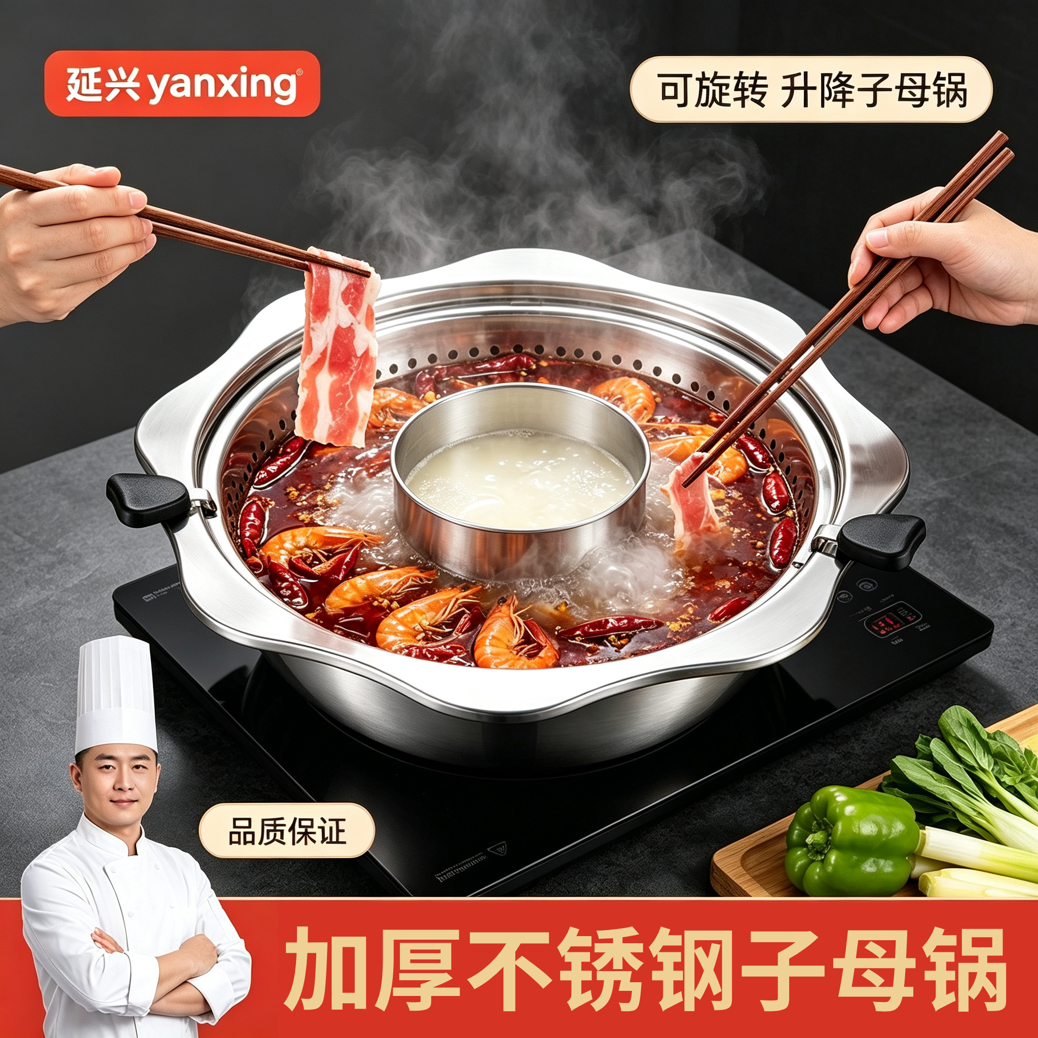 旋转式自动升降火锅锅鸳鸯子母锅商用涮锅双味锅家用电磁炉明火