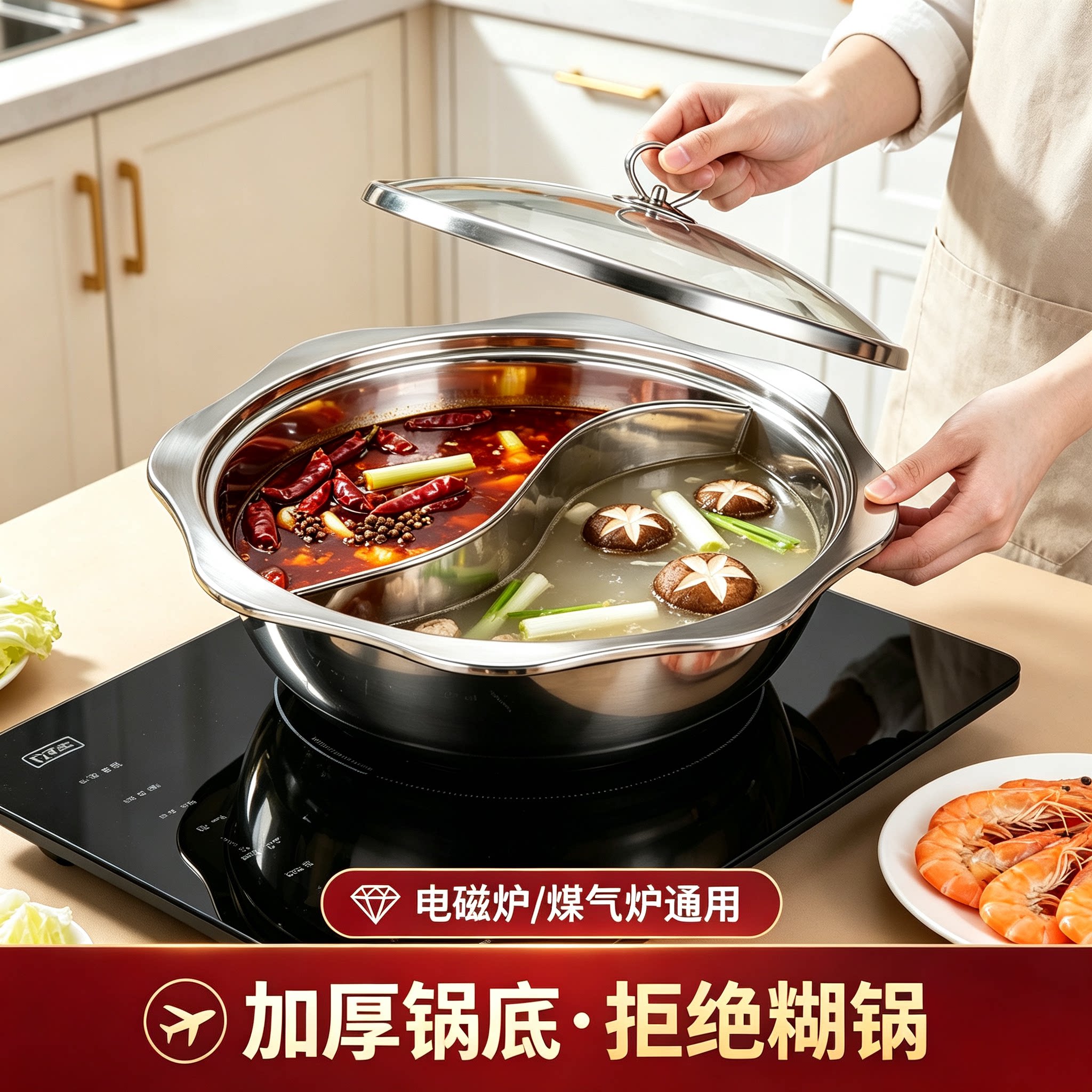 火锅盆带盖鸳鸯锅加厚不锈钢火锅八角盆电磁炉专用家用商用涮锅