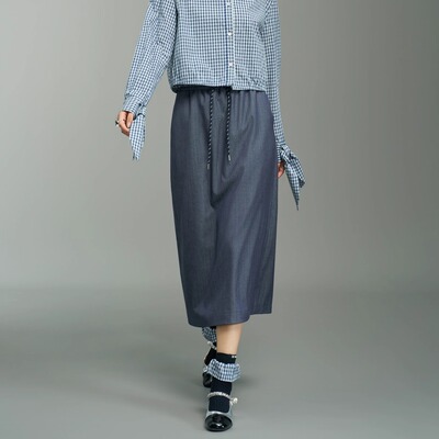 松紧腰抽绳半身裙牛仔藏青