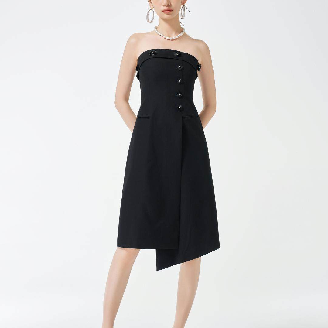 YIJIANGLAN 新款女连衣裙小黑裙抹胸晚礼服装气质性感女人24D6939