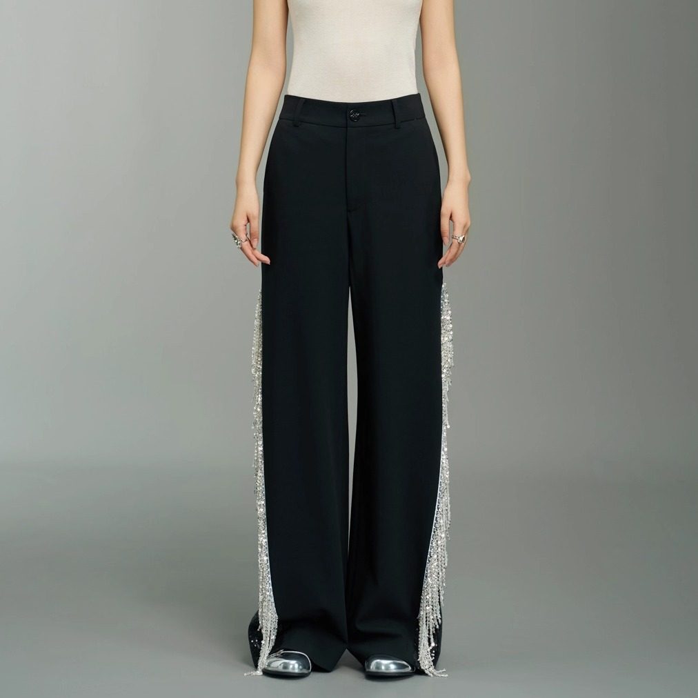 YIJIANGLAN 25春秋新品阔腿裤设计感小众气质流苏亮片舞台8D6125