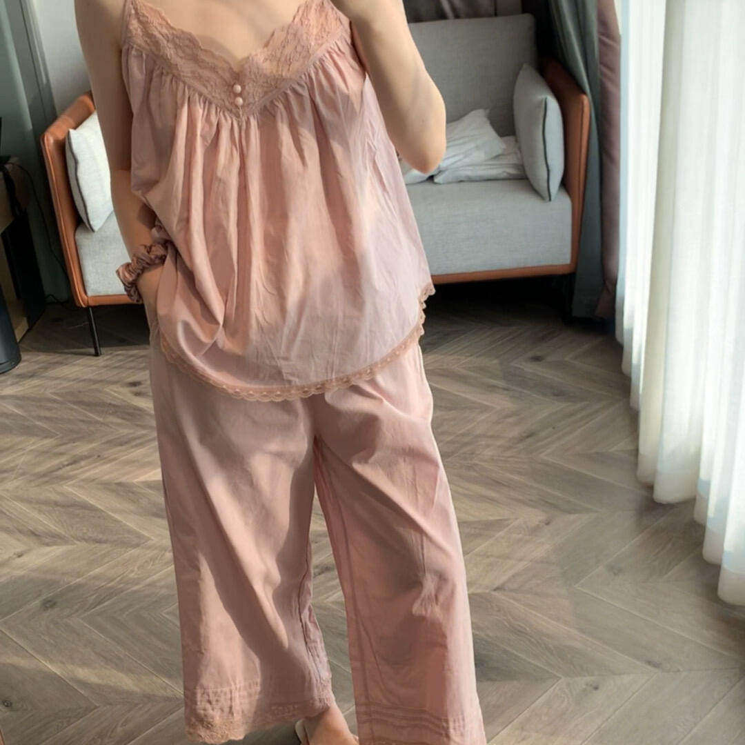 法式蕾丝花边温柔裸粉睡衣女款夏季大码吊带长裤亲肤家居服两件套