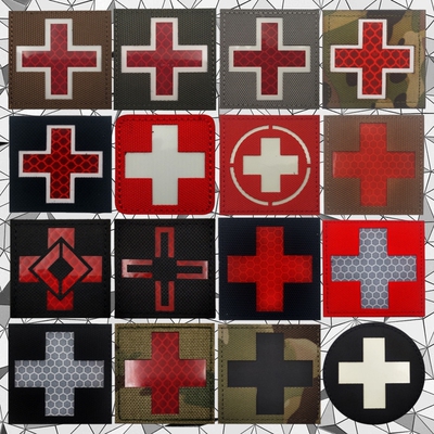 正方形红十字徽章反光夜光魔术贴士气臂章医疗救援士气章急救背包