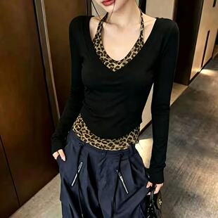 今年流行的爆款女装秋季2026新款拼接豹纹吊带打底衫长袖T恤上衣