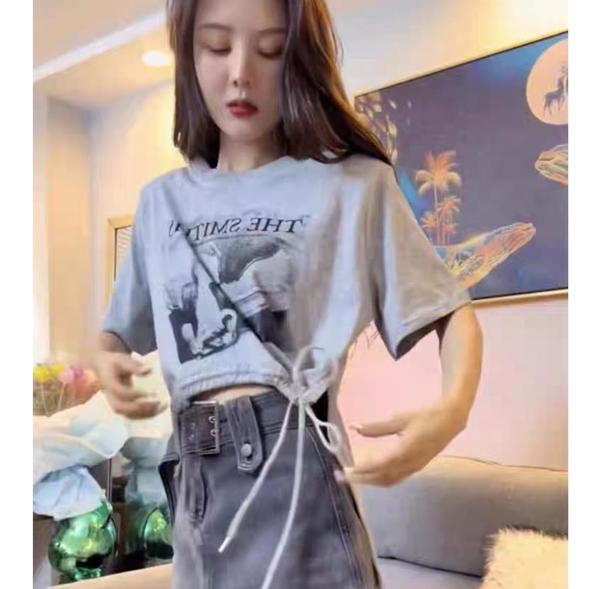 网红爆款时尚前短后长设计感显瘦T恤女不规则印花抽绳短袖上衣潮