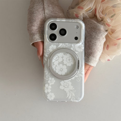 韩系ins温柔系白色蕾丝花朵360旋转支架适用苹果17promax手机壳iphone16pro新款17女15promax全包防摔保护套