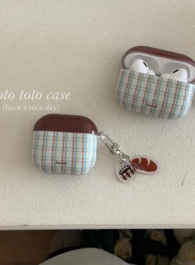 小众ins复古棕蓝色格纹适用airpods pro保护套airpods4/3/2代苹果无线蓝牙耳机壳