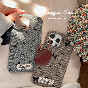 毛呢绒布蝴蝶结带挂饰适用iphone17ProMax苹果16手机壳14小众韩系ins15女13