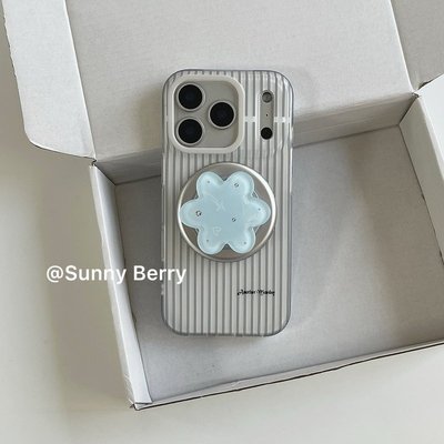 ins小众韩系时髦简约黑白条纹蓝色花朵磁吸支架适用iphone17ProMax苹果16手机壳15新款15promax女17高级感