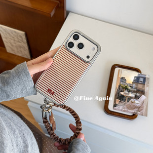 韩系简约ins电镀边框滴胶红色条纹高级感手提绳适用iphone17ProMax苹果16手机壳14新款15女13