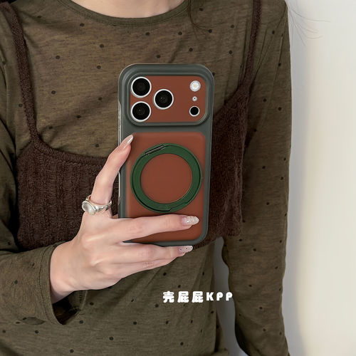 ins复古磨砂秋冬绿棕撞色360度旋转支架适用苹果18promax手机壳iphone17pro新款15女16promax全包防摔手机套