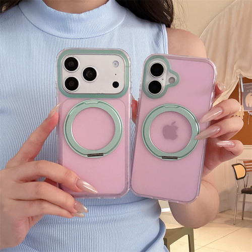 ins极简风粉绿撞色360度旋转折叠支架壳适用苹果17ProMax手机壳iPhone16pro全包防摔15少女心16Promax保护套