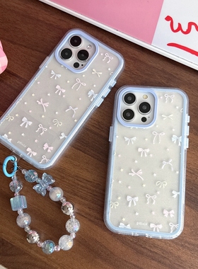 ins温柔蓝色蝴蝶结适用iphone17ProMax苹果16手机壳14水晶链条15女13透明