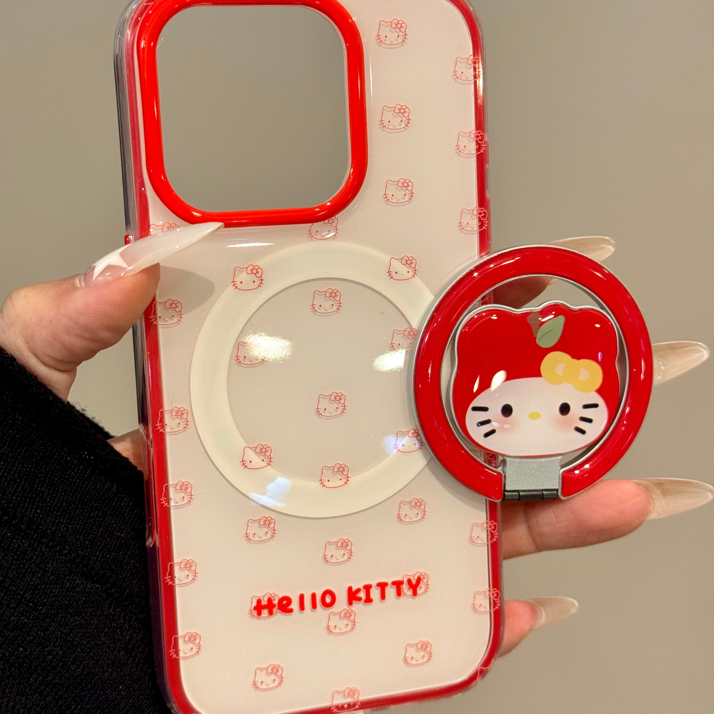卡通线条苹果头套可爱Kitty猫咪旋转折叠支架适用苹果16ProMax手机壳iPhone15pro全包13少女心14Promax保护套