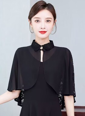夏季洋气短款斗篷外搭小开衫女翻领雪纺拼接纯色罩衫配裙子薄外套
