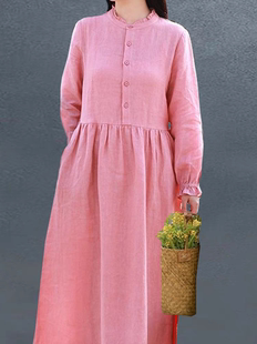 诗意~粉色子月系带原创2026春季新款棉麻文艺清新木耳边连衣裙