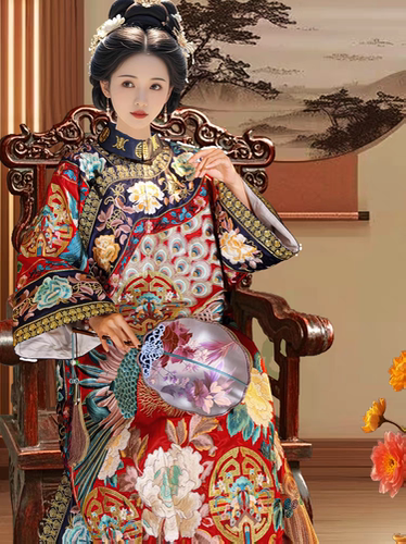 慈禧新娘礼服凤袍孔雀牡丹纹衬衣皇娘娘贵妃太清代修身连衣裙衣