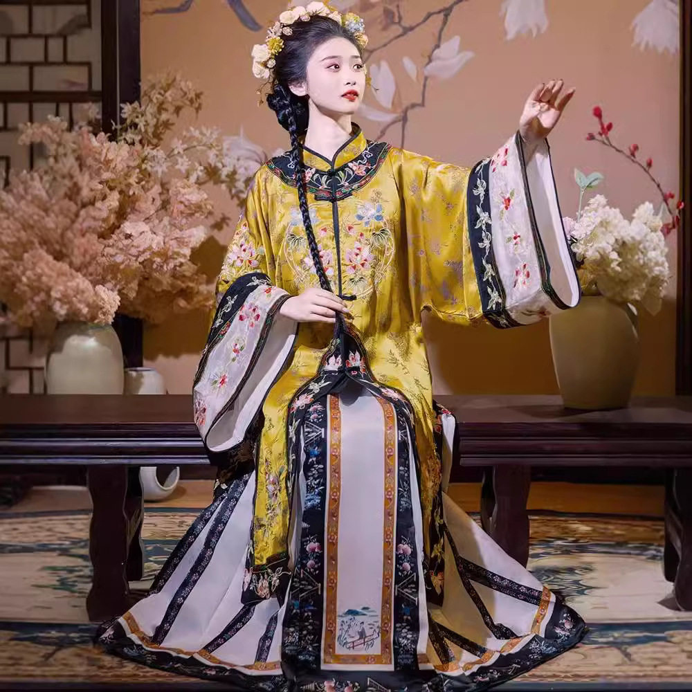 刺绣套装清汉女平遥晋商少奶奶服对襟圆领清代格格马面裙重工长款