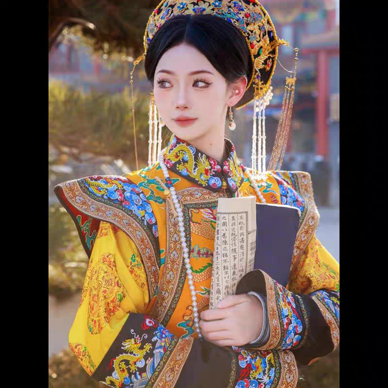 故宫古董衣满族印花清装吉服格格裙长皇旗服摄影古装演出服亲拍照