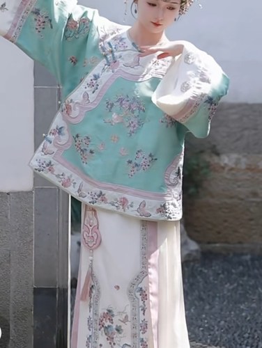 两件套时光兰若清嘉提花全开襟格格复原印花氅衣旗服宫装马面裙子