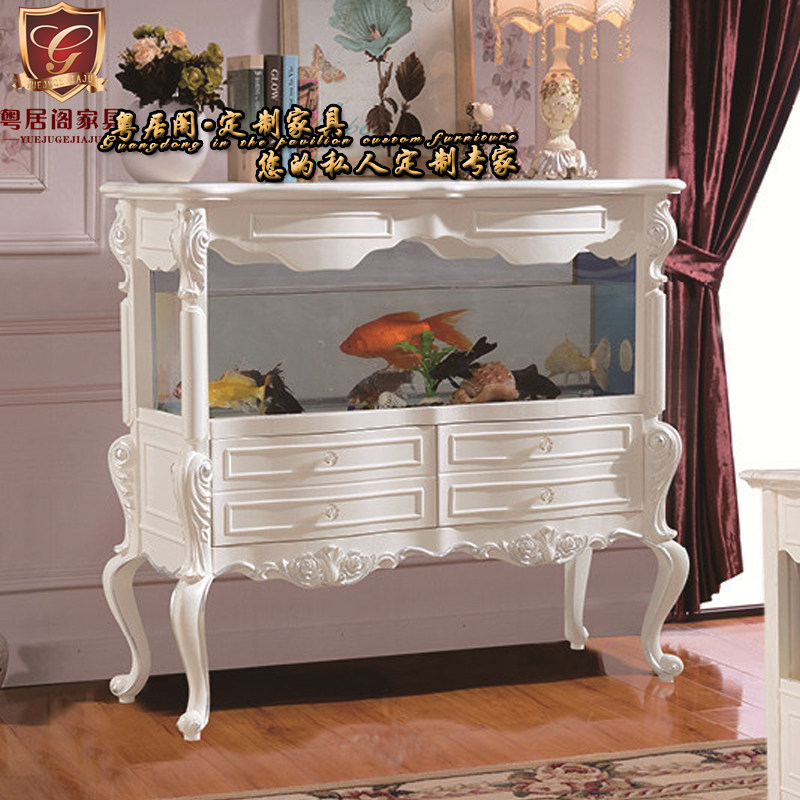 欧式实木鱼缸柜水族箱白色别墅雕花高端客厅落地小型金鱼缸定制
