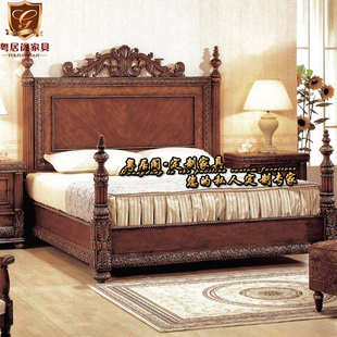 卧室主卧床柱子床定制 美式 实木床双人床婚床高端复古雕花别墅欧式