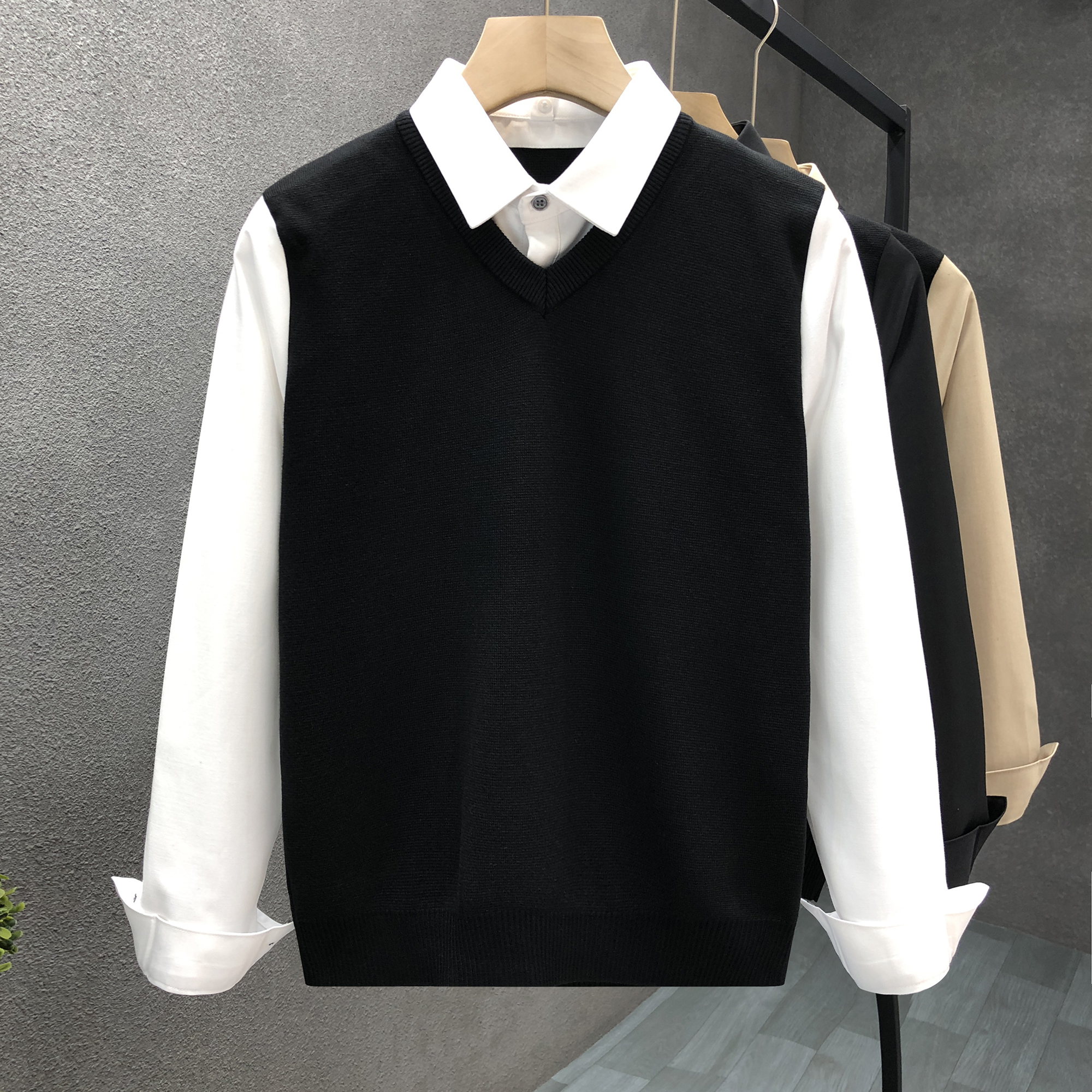 轻商务休闲假两件毛衣男秋季薄款衬衫领针织衫男士高端冬季1118r