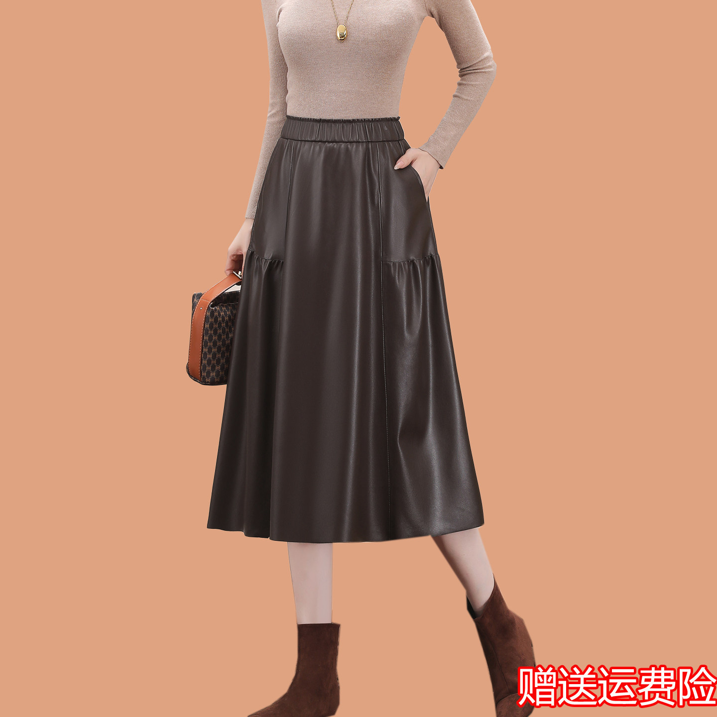 海宁皮裙半身裙遮胯女士显瘦高腰绵羊皮短裙中年妈妈A字裙子秋冬