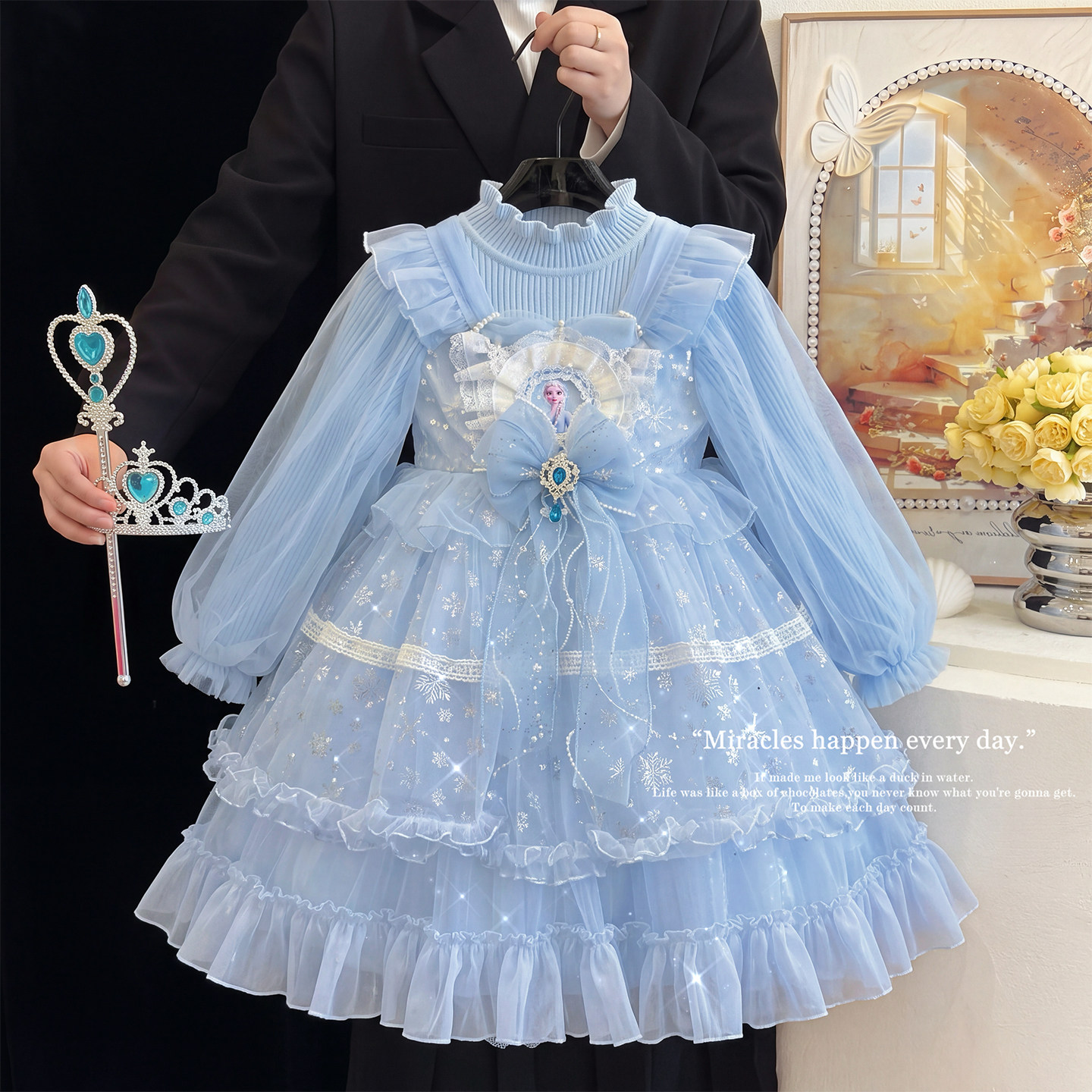 艾莎公主裙女童秋冬装洛丽塔加厚爱莎裙子生日礼服儿童毛衣连衣裙