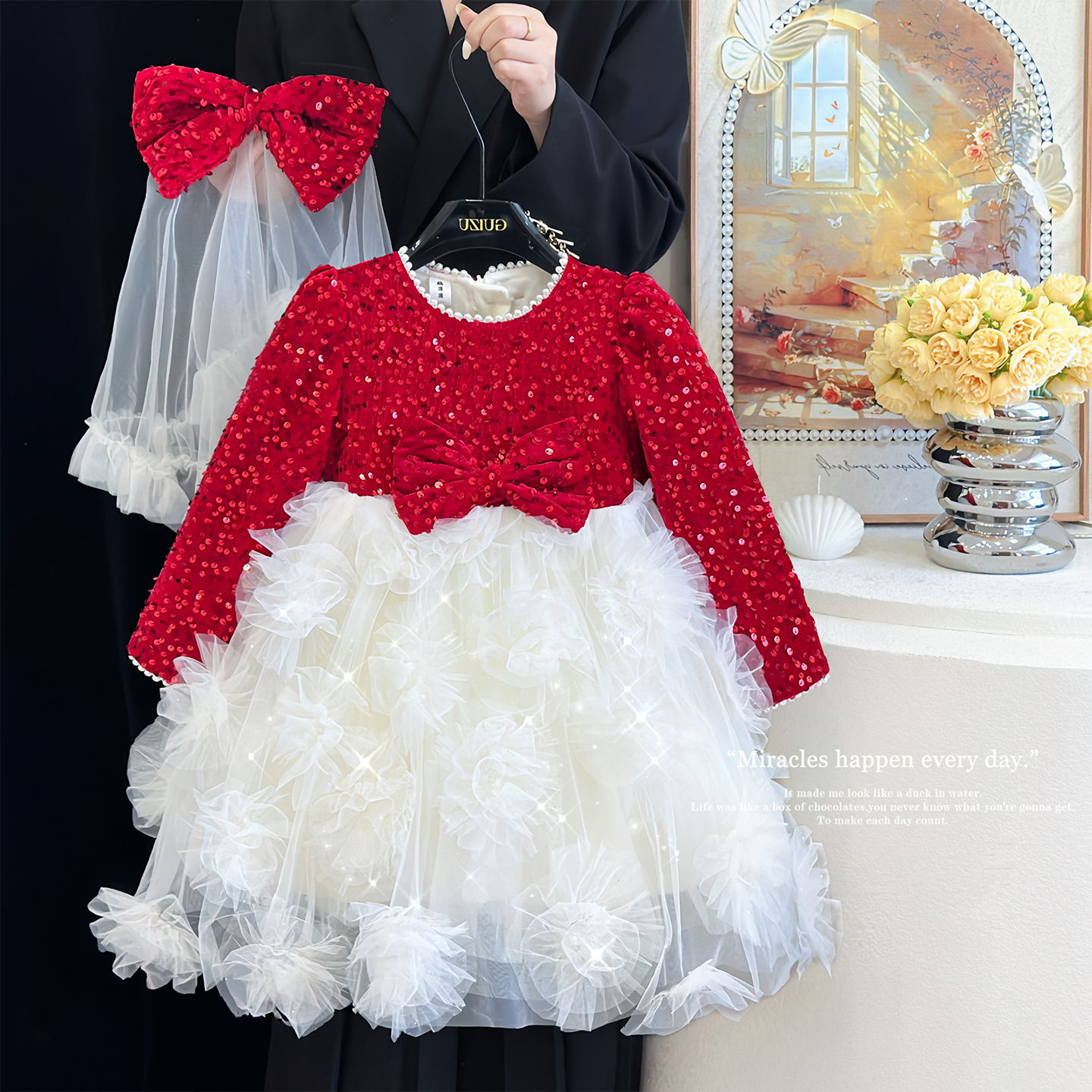 女童洋气亮片加绒公主网纱连衣裙