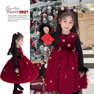 高级感女童背心裙2025冬季新款小女孩洋气红色丝绒裙子生日公主裙