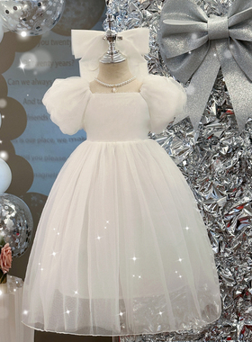 女童连衣裙夏装高级感洋气白色婚纱主持人礼服纱裙儿童生日公主裙
