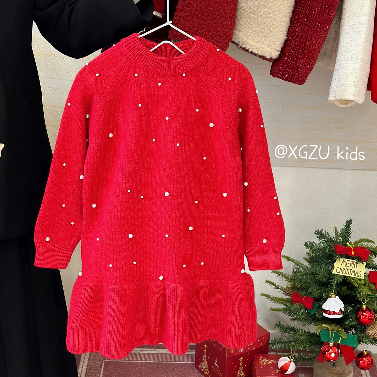 女童冬季宝宝毛衣裙红色公主裙