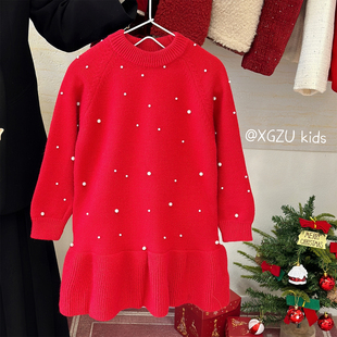 女童毛衣裙冬季儿童红色新年衣服公主裙洋气女宝宝针织打底连衣裙
