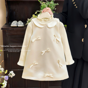 女童连衣裙秋冬高级感宝宝生日周岁礼服儿童白色气质蝴蝶结公主裙