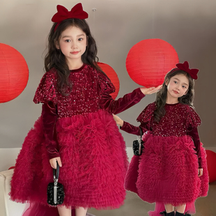 女童连衣裙秋冬季高级感洋气丝绒红色亮片公主裙圣诞新年礼服裙子